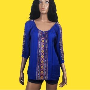 Umgee Blue Boho Aztec Style Blouse
